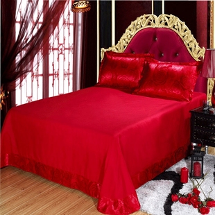婚庆大红床单单件双人床上欧式 圆角飞边床单枕套布料宾馆结婚漂亮