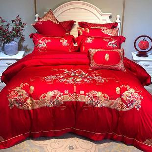 新中式 婚庆10j0支贡缎全棉四件套古典鸳鸯刺绣被套大红色床上