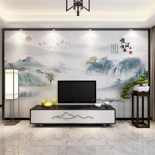 新中式 墙画意境壁纸山水顺风顺水客厅电视O背景墙自黏贴画墙贴