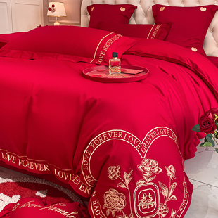 直销结婚婚房床上四件套新婚陪嫁床品婚庆喜庆被褥W全套大红色床