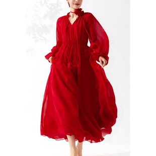 美妃红色洋气减龄长袖 法式 长裙红裙 气质长款 连衣裙女夏2023新款