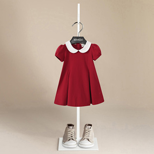 伯米吉女童红色短袖 白色娃娃领周岁裙礼服裙子棉 连衣裙宝宝儿童装