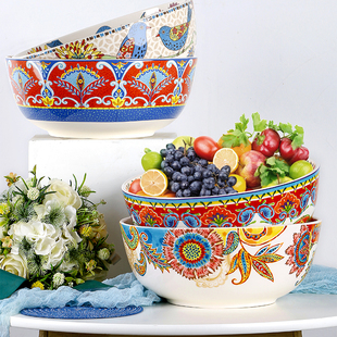 欧美客美式 大号沙拉碗田园风 汤碗陶瓷大花碗家用釉下彩水果碗个性