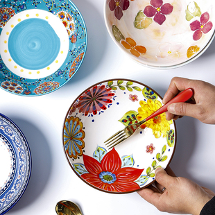 欧美客陶瓷沙拉碗釉下彩家用汤面碗美式 田园风手绘餐具8英寸碗