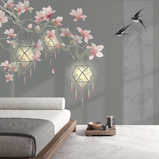 新中式 花鸟客厅电视背景墙壁纸手绘玉兰花灯燕子温馨卧室墙布壁布