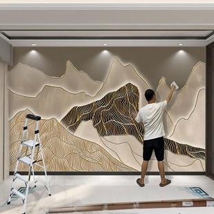 新中式 浮雕山脉电视背景墙壁纸轻奢艺术山水沙发壁画抽象复古墙布