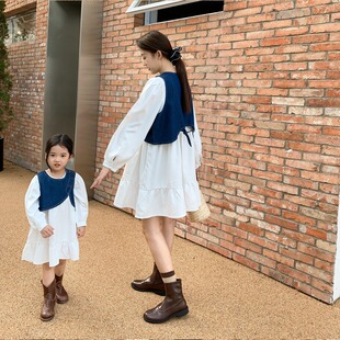 母女韩版 一起玩亲子装 新款 牛仔马甲连衣裙2件套 连衣裙 女童春季