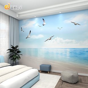 3d立体简约沙滩海景壁画墙布地中海风格 壁纸客厅卧室电视背景墙纸