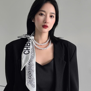 2024夏季 新款 流行珍珠DIY饰品长条小领巾 项链创意丝巾女韩系时尚