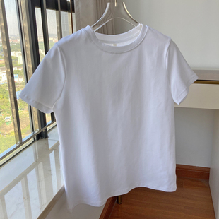 白色正肩短袖 打底t恤女士显瘦2023新款 纯色棉质圆领体恤上衣 夏季
