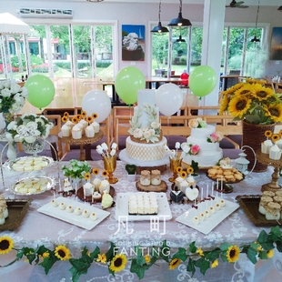凡町 百日宴翻糖蛋糕派对 灿烂夏日向日葵主题婚礼森林系甜品桌