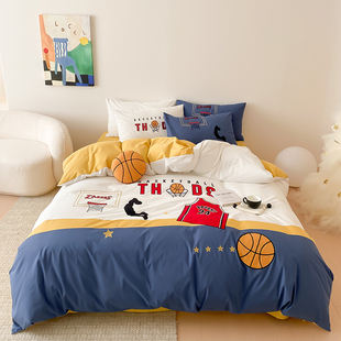 卡通风儿童床上用品绣花四件套男童全棉水洗棉篮球主题床单三件套