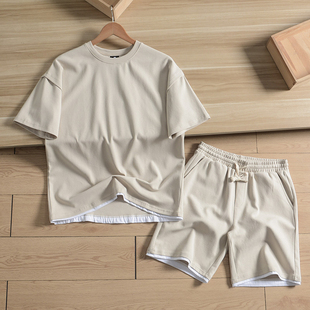 意大利3D双纱空气棉 宽松假两件短袖 男 T恤针织短裤 运动休闲套装