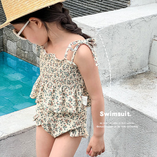 韩国儿童泳衣女孩分体吊带碎花女童游泳衣可爱宝宝中小童度假泳装