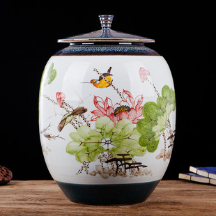 景德镇陶瓷米缸米桶手绘茶饼带盖20 花瓶摆件 40斤防潮储米罐