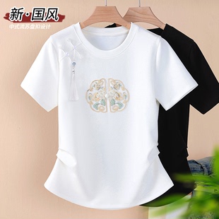 新中式 国风t恤女白色夏季 收腰上衣盘扣 2024新款 复古刺绣体恤短袖
