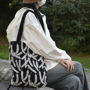 麦穗风 枫外原创自制新款 单肩包女生 重工刺绣大容量棉麻帆布包包