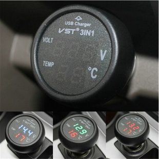 三合一多功能汽车电压表 车载温度计 汽车用品 手机充电器