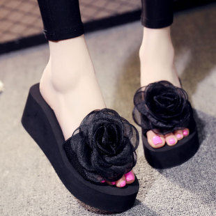 女外穿一字拖鞋 时尚 手工花朵6厘米厚底防滑拖鞋 夏季 新款 3网红 韩版