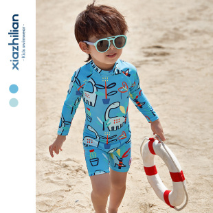韩国ins儿童泳衣 男童宝宝连体防晒抗UV长袖 潮 保暖婴儿冲浪服套装