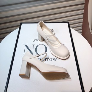 复古玛丽珍鞋 法式 白色高跟鞋 女2024新款 方头漆皮一字扣带粗跟单鞋