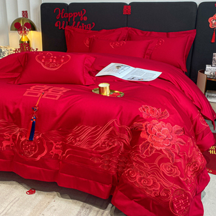 高档简约结婚四件套大红色床单被套全棉纯棉婚庆床上用品婚房陪嫁