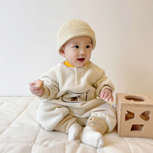 韩版 宝宝连体衣超萌洋气小熊摇粒绒哈衣满月外出爬服婴儿衣服 春装