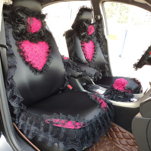 蕾丝汽车坐垫女士全包布艺四季 通用座椅套黑色车垫车用座套前后排