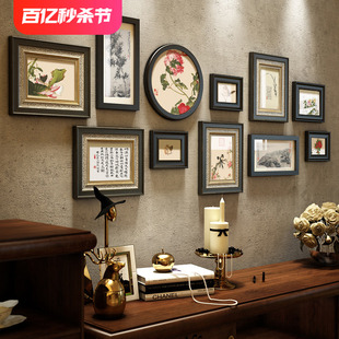 新中式 饰画玄关 照片墙禅意实木相框墙组合中国风客厅沙发背景墙装