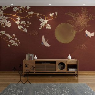 新中式 古风壁纸玉兰花客厅沙发背景墙纸古典仙鹤壁画茶室书房墙布