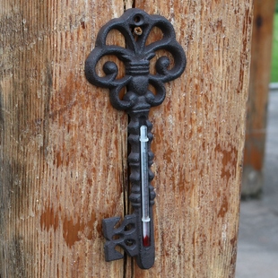 欧式 做旧仿古铸铁复古钥匙形温度计测温仪庭院家居庭院壁饰测温器
