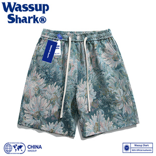 Shark美式 休闲宽松五分裤 Wassup 刺绣花卉短裤 男夏季 潮牌ins薄款
