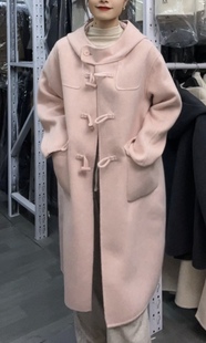 高端双面羊绒大衣女长款 2023新款 粉色牛角扣连帽宽松羊毛外套 韩版