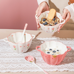 网红酸奶碗带勺甜品碗家用新款 ins陶瓷早餐燕麦碗沙拉碗个人专用