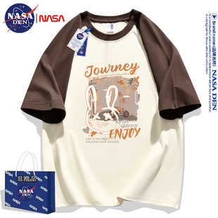 NASA联名夏季 重磅纯棉短袖 T恤女2024美式 休闲宽松百搭拼接插肩袖
