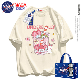 NASA联名日系简约重磅纯棉短袖 T恤女美式 潮牌宽松休闲情侣五分袖