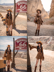 理想三旬旅行女装 西部牛仔风旅拍复古棕色系带重工半身裙短款 套装