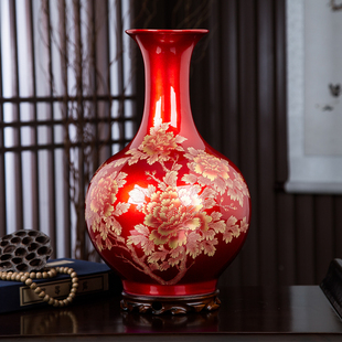 景德镇陶瓷器花瓶摆件中国红色擦花现代中式 饰品 家居客厅电视柜装