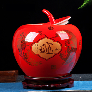 景德镇陶瓷器中国红苹果储物罐花瓶 中式 饰品摆件结婚礼物 客厅装