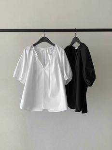 Chlee韩国代购 ounce春夏V领系带显瘦褶皱设计中袖 衬衫
