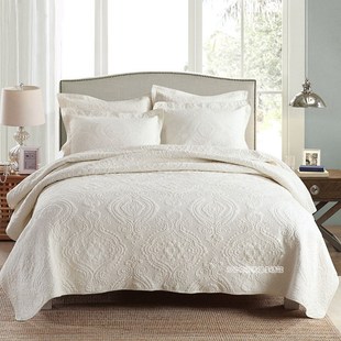外贸美式 通用床单 双面纯棉绣花绗缝被三件套高档床盖全棉纯色四季