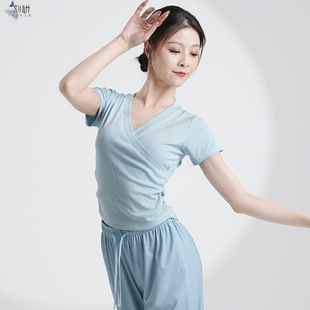 舞蹈练功服女短袖 上衣蓝色中国现代古典舞形体训练考级上课演出服