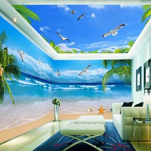 海景大自然风景墙纸奶茶店背景壁纸地中海延伸空间墙布沙发3D壁画