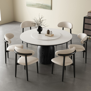 法式 圆饭桌子 复古风圆形岩板餐桌椅组合实木简约现代黑色家用意式