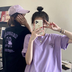 闺蜜装 紫色短袖 宽松百搭设计感小众学生上衣服 T恤女2023夏季 新款