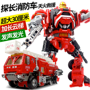 锦江变形玩具 天火救援 大号红色探长消防汽车金刚机器人声光模型