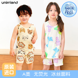 unifriend儿童韩国夏天冰丝睡衣a类男童女孩薄款 短袖 宝宝背心套装