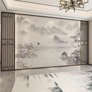 新中式 电视背景墙壁纸墙布意境沙发卧室客厅影视墙墙纸山水水墨画