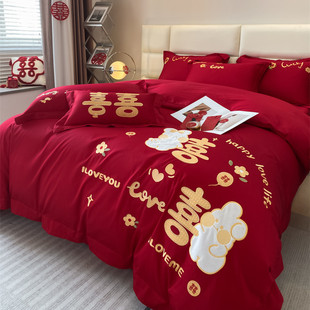 上色高刺档中式 绣全婚庆四件套大红床单被套纯结棉陪棉嫁婚床用品