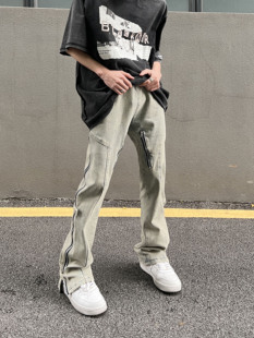 美式 复古拉链设计感牛仔裤 男高街嘻哈直筒水洗复古hiphop修身 长裤